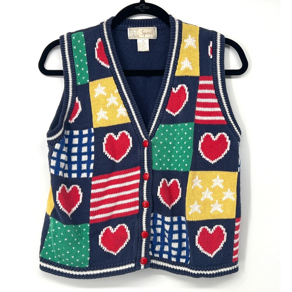 VTG ID Sport 90s Medium Patchwork Heart Knit Sweater Vest Grandmacore‎ Cottage
